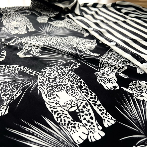 ⚫️ NWOT ⚪️ Button Down Lightweight Collared Shirt with Split Stripes & Leopards - Picture 5 of 7